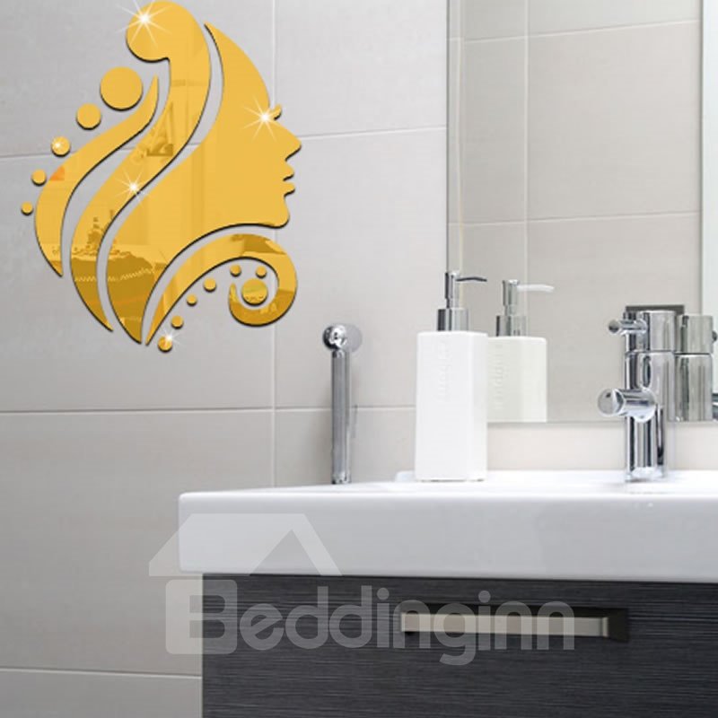 Silver/Golden Girl Head Acrylic Mirror Waterproof and Eco-friendly 3D Wall Stickers
