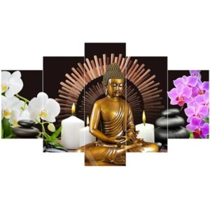 Buddha and Flowers Pattern Hanging 5-Piece Canvas Eco-friendly and Waterproof Non-framed Prints
