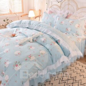 Shabby Pink Duvet Cover Set Rose Floral 4-Piece Bedding Set Collection Elegant Princess Lace Ruffle Quilt Bed Skirt Set for Girls Twin Full Queen King Size