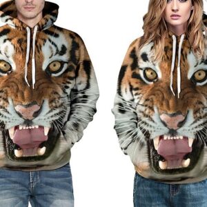 Fashion Long Sleeve Tiger Face Tooth Front Pocket Pattern 3D Painted Hoodie