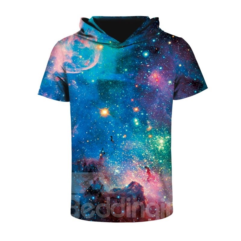 Galaxy Fashion Design Pattern 3D Printed Short Sleeve for Men Hooded T-shirt - Image 3