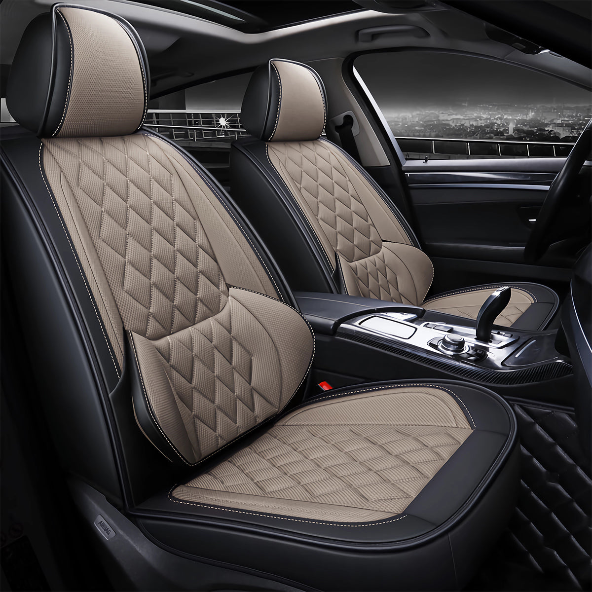 Universal Fit Faux Leather and Linen 5-Seater Car Seat Covers with Diamond Pattern and Integrated Waist Support - Image 13