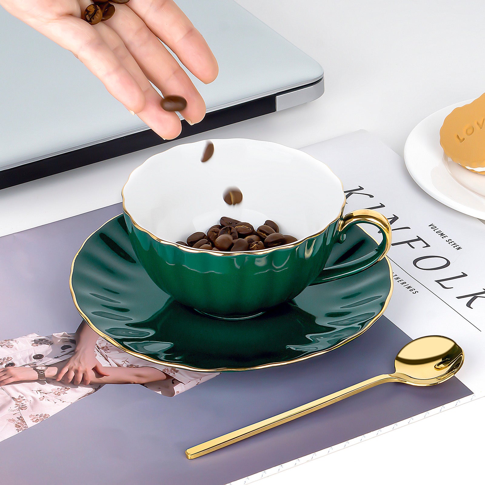 Tea Cup and Saucer with Spoon, Porcelain Coffee Cup with Handle, Espresso Mug with Gold Trim for Office and Home - Image 5