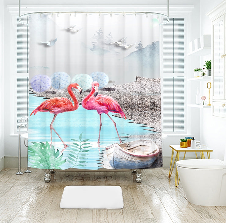 Flamingo Print Shower Curtain, Flamingo Animal Bird Theme Shower Curtain with Cloth Fabric Bathroom Decor Set with Hooks, 71