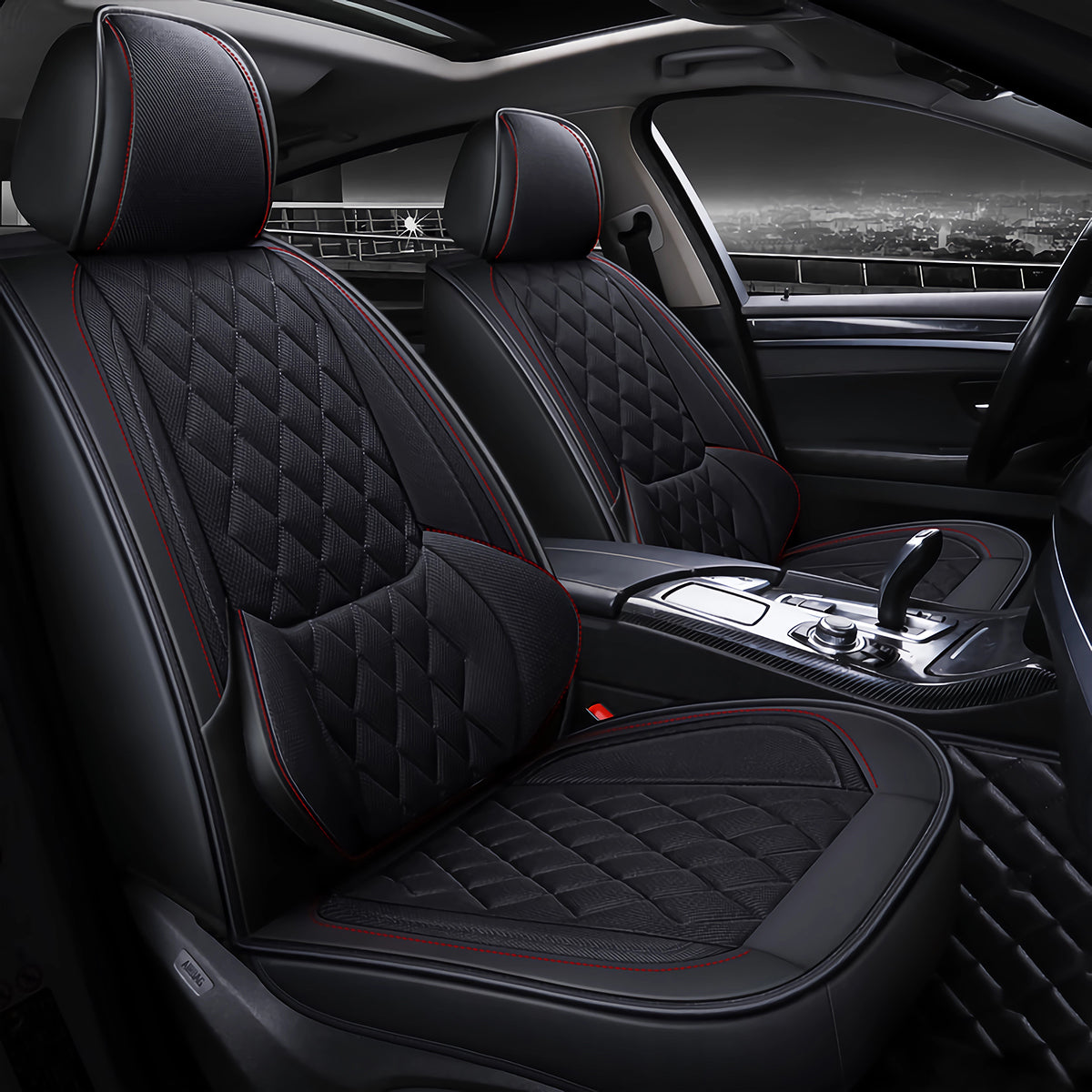 Universal Fit Faux Leather and Linen 5-Seater Car Seat Covers with Diamond Pattern and Integrated Waist Support - Image 11