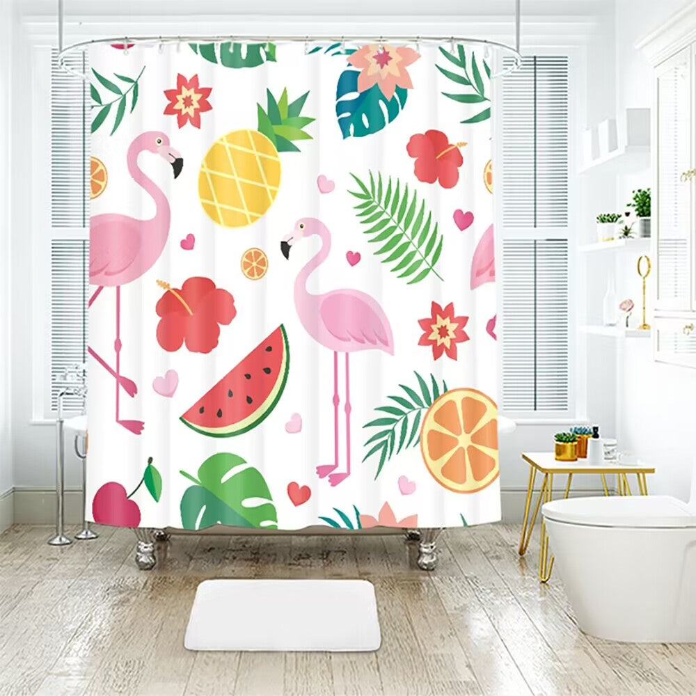 Flamingo Print Shower Curtain, Flamingo Animal Bird Theme Shower Curtain with Cloth Fabric Bathroom Decor Set with Hooks, 71