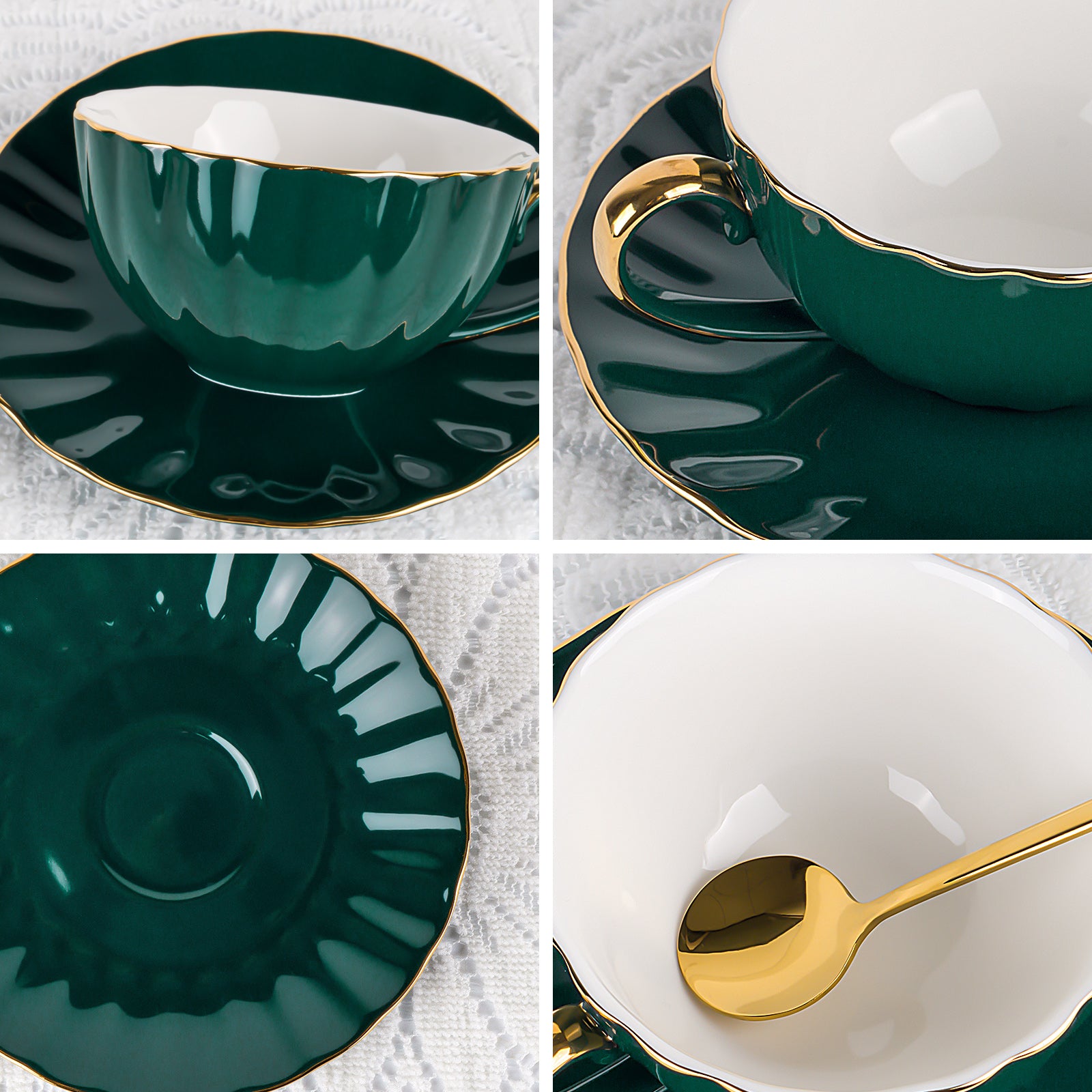 Tea Cup and Saucer with Spoon, Porcelain Coffee Cup with Handle, Espresso Mug with Gold Trim for Office and Home - Image 4