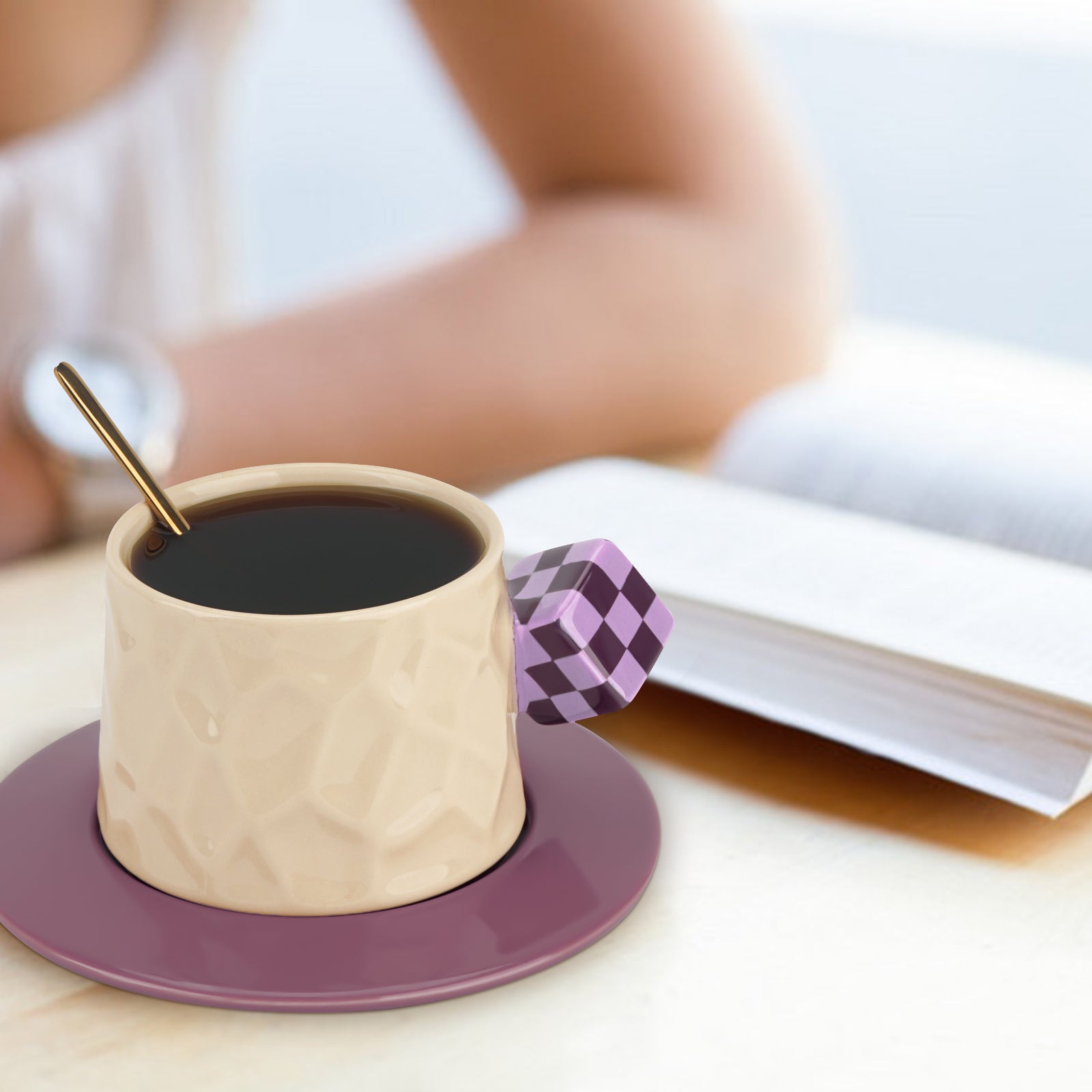 Novelty Tea Cup and Saucer Set with Cubic Handle, Ceramic Coffee Cups Mug for Home Office Party - Image 6