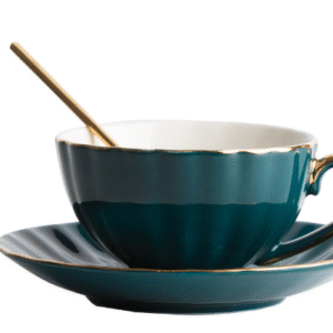 Tea Cup and Saucer with Spoon, Porcelain Coffee Cup with Handle, Espresso Mug with Gold Trim for Office and Home