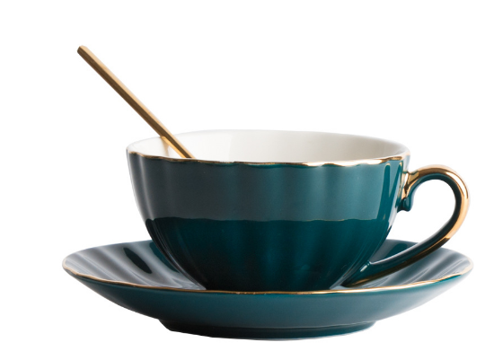 Tea Cup and Saucer with Spoon, Porcelain Coffee Cup with Handle, Espresso Mug with Gold Trim for Office and Home