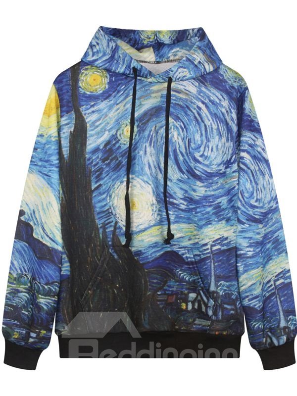 Fancy Long Sleeve Oil Painting Pattern Pocket 3D Painted Hoodie
