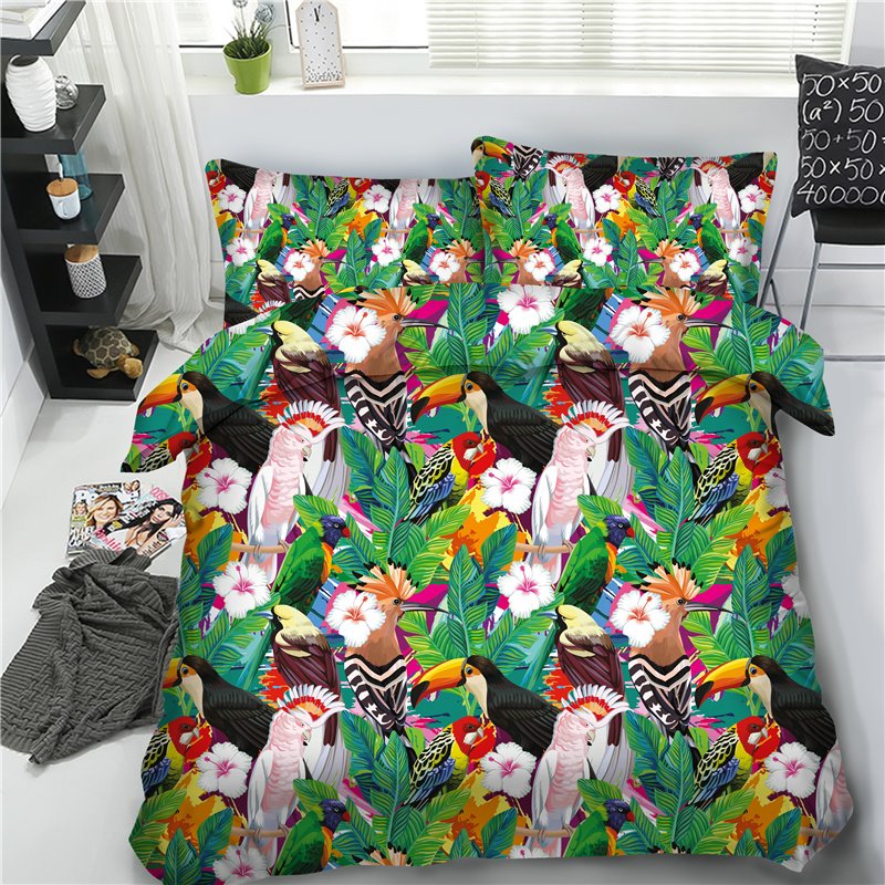 Blue Birds and Leaves Printing Polyester 4-Piece 3D Bedding Sets/Duvet Covers