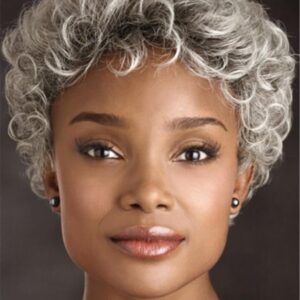 Old Women Grey Curly Short Kinky Curly Synthetic Hair Capless 8 Inches 130% Wigs