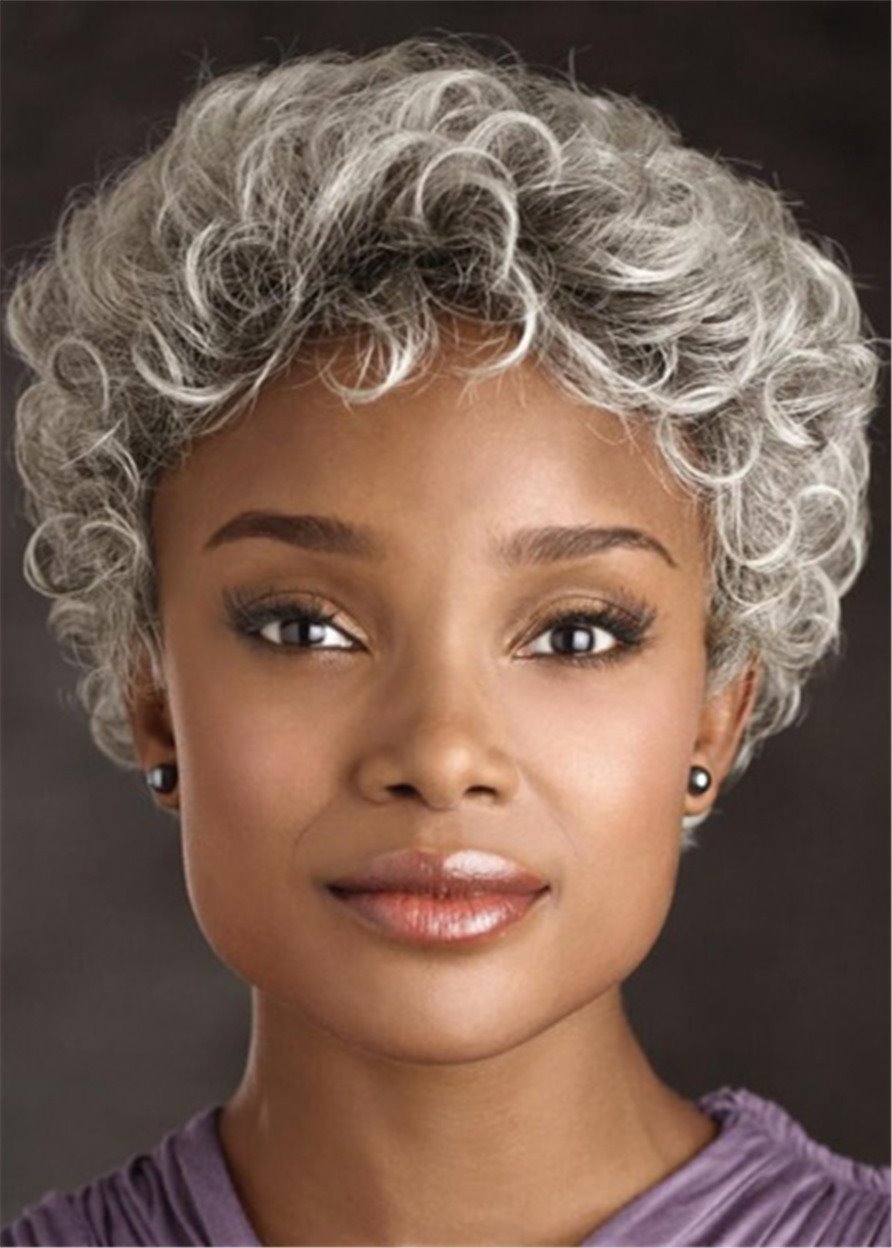 Old Women Grey Curly Short Kinky Curly Synthetic Hair Capless 8 Inches 130% Wigs