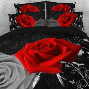 Romantic Red Rose 3D Durable 4pcs Bedding Sets No-fading Soft Reactive Printing Zipper Duvet Cover with Ties