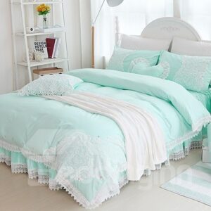 Princess Style Lace Edging Mint Green Cotton 4-Piece Bedding Sets