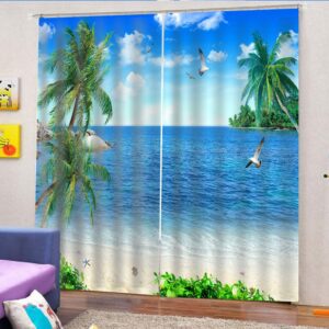 3D Beach and Sea Scenery Printed Blackout Decorative Window Curtains Custom 2 Panels Drapes No Pilling No Fading No off-lining