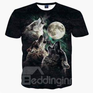 Cool Round Neck Wolf Moon Pattern 3D Painted T-Shirt