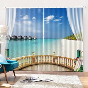3D Print Seaside Scenery Blackout Curtains Custom 2 Panels Drapes for Living Room Bedroom Decoration No Pilling No Fading No off-lining Polyester