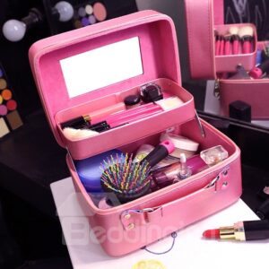 Solid Pink PU Cosmetic Travel Carrying Case with Mirror