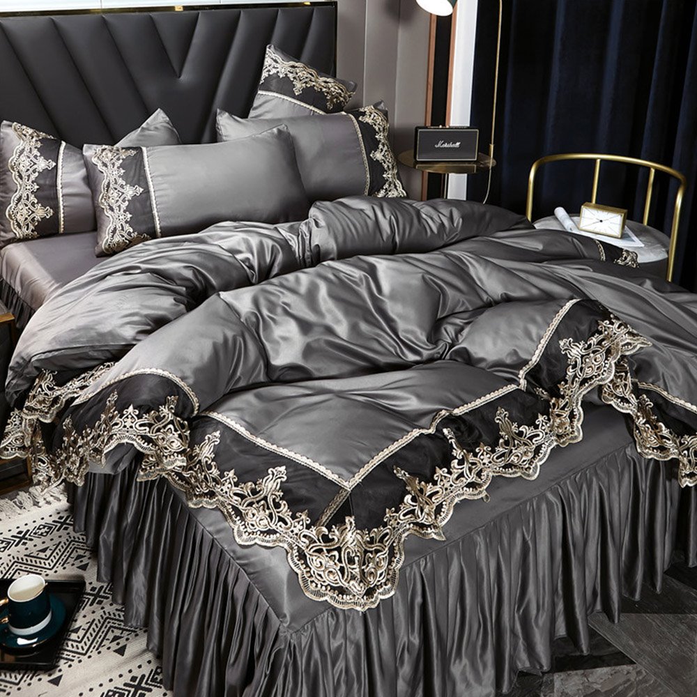 Gold Silk Embroidery Lace Bedding Set Polyester Soft Heavyweight Non-Slip Protective Cover 1 Duvet Cover 1 Bed Skirt 2 Pillowcases Gray