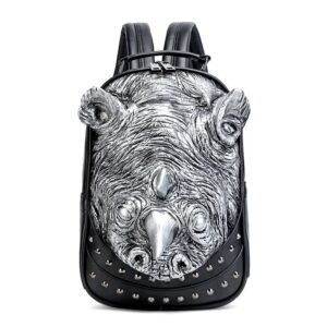 3D Rhinos Embossed Rivet Painted Backpack Waterproof PU Leather Handbag For Men&Women