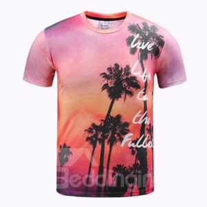 Elegant Round Neck Palm Tree Pattern 3D Painted T-Shirt