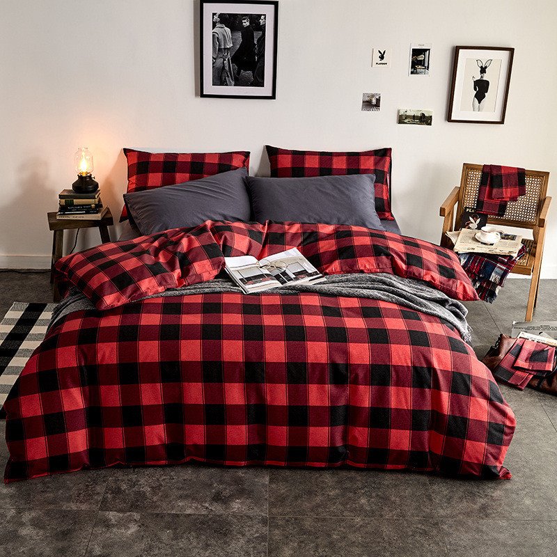 Red Plaid Pattern 4-Piece Bedding Set/Duvet Cover Set 1 Duvet Cover 1 Flat Sheet 2 Pillowcases Soft Comfortable Durable Cotton Christmas Gift