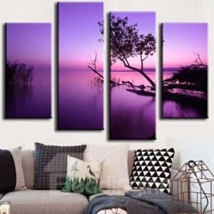 Purple Lake and Tree 4-Piece Canvas Hung Non-framed Wall Prints