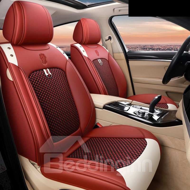 Car Seat Covers Full Set Front and Rear Split Bench Protection, Easy Install with Two-Tone Accent, Universal Fit for Auto Truck Van SUV Durable Leather and Breathable Linen Material Compatible with Airbags