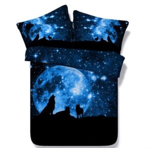 Beddinginn Wolf Galaxy Bedding Set, 4-Piece Moon Wolf Duvet Cover Set with 1 Flat Sheet 2 Pillowcases