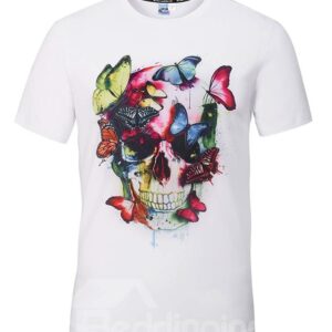 Super Round Neck Skull with Butterfly Pattern White 3D Painted T-Shirt