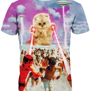 Creative Round Neck Huge Cat on Sea Beach Pattern 3D Painted T-Shirt