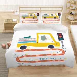 White 3 PCS Set Cartoon Car Duvet Cover Set Hand Wash Polyester Bedding Sets Gifts for Boy Bedroom Polyester 2 Pillowcases