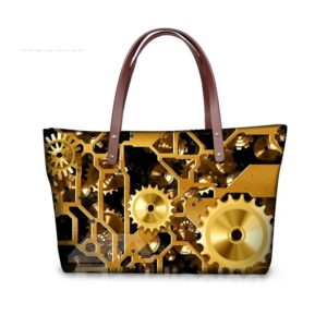 Golden Gear Mechanical Waterproof Sturdy 3D Printed for Women Girls Shoulder HandBags