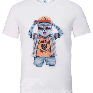 Fashion Round Neck Cool Cat Pattern White 3D Painted T-Shirt
