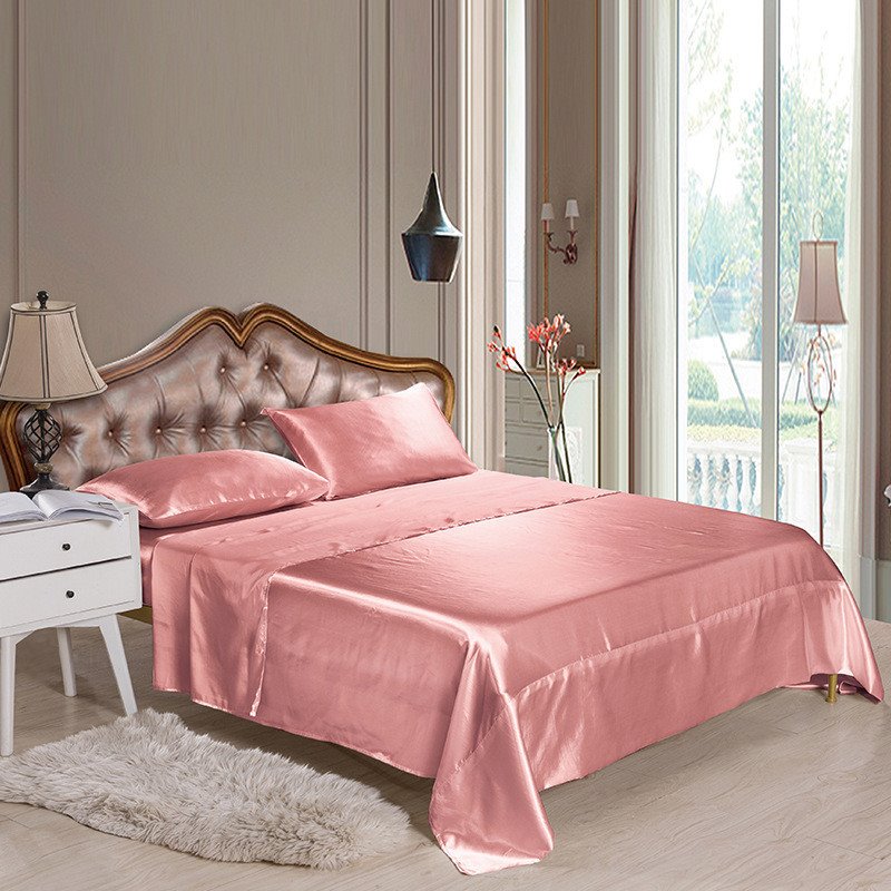 4-Piece Silky Sheet Set Polyester Bedding Set Smooth Comfortable 1 Fitted Sheet Flat Sheet 2 Pillowcases Solid Color