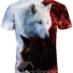 Black White Couple Wolf Short Sleeve Round Neck 3D Painted T-Shirt