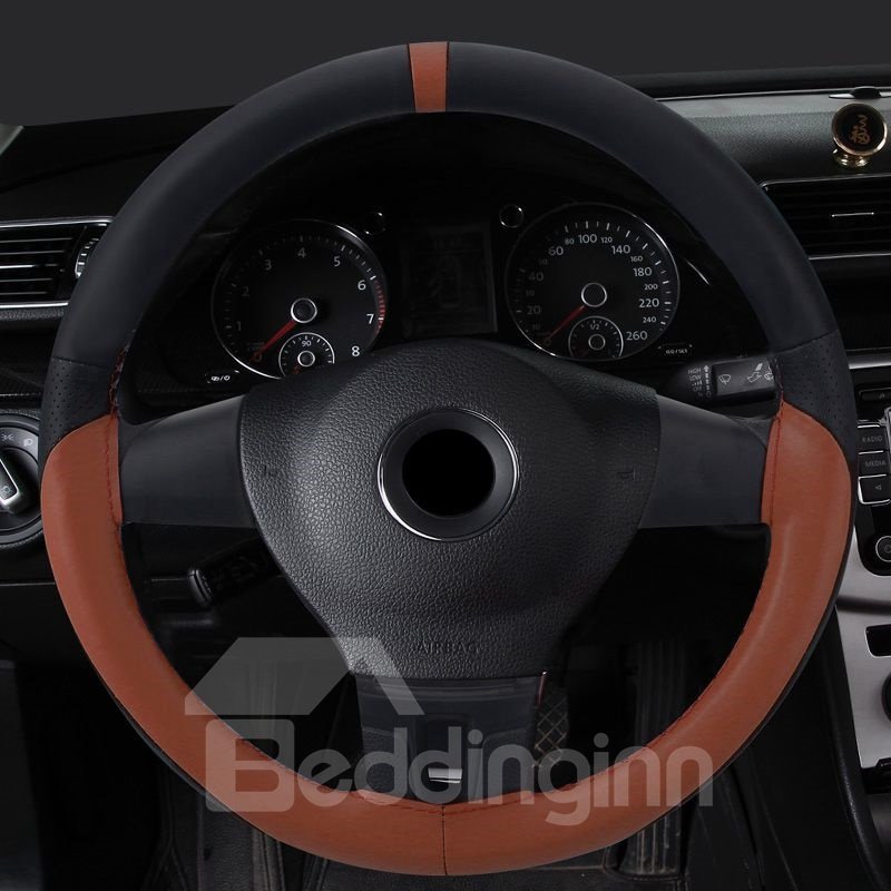 Pure Color Textured Genuine PU Leather Hand-stitched Steering Wheel Cover - Image 3