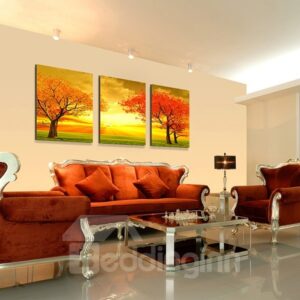 Fascinating Red Leaf Trees in Golden Sunset 3-Panel Canvas Wall Art Prints
