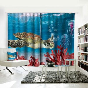 Blackout Curtains Turtle Undersea 3D Animal Print Curtains Panels Window Treatments for Living Room Bedroom Window Drapes 2 Panels Set Home Decorations