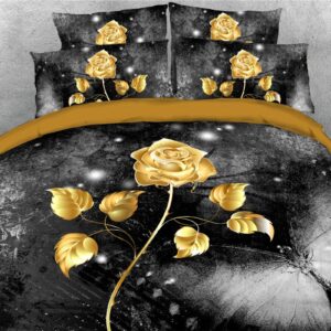 Luxurious Golden Rose 5-Piece Comforter Set Black 3D Floral Print Bedding 2 Pillowcases 1 Flat Sheet 1 Duvet Cover 1 Comforter Warm Ultra Soft Microfiber