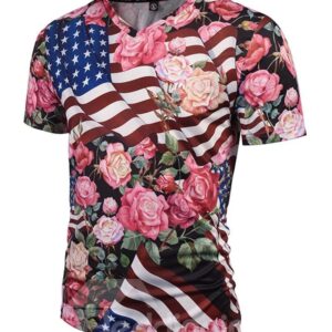 Bright V Neck American Flag and Floral Pattern 3D Painted T-Shirt