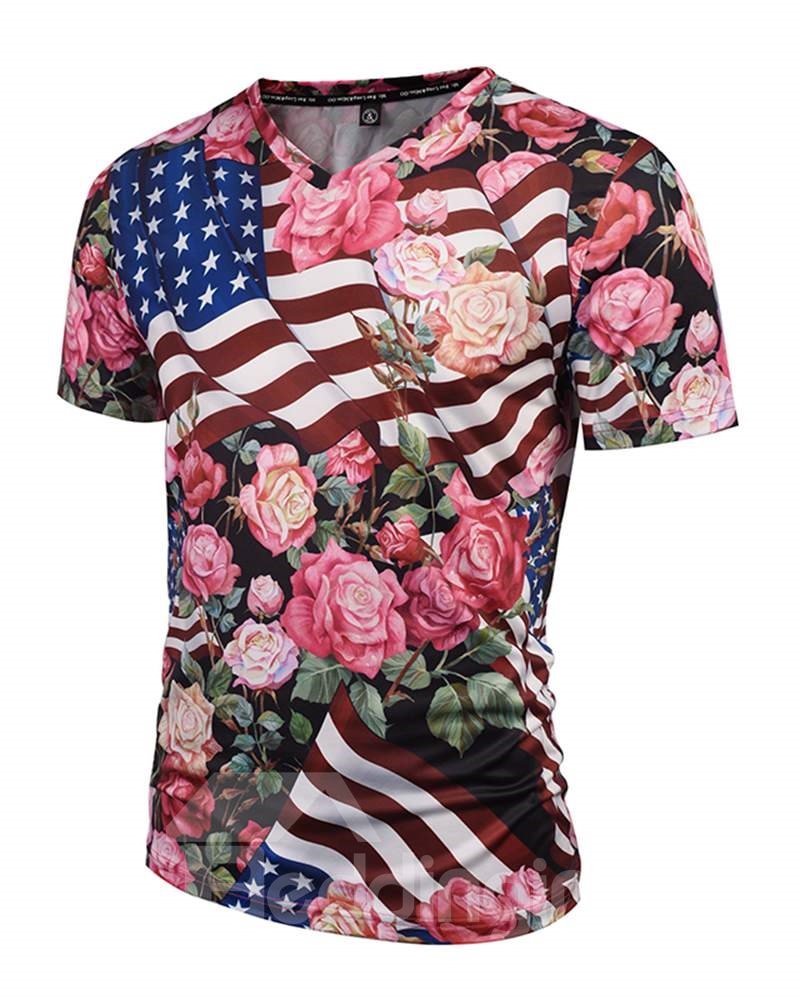 Bright V Neck American Flag and Floral Pattern 3D Painted T-Shirt