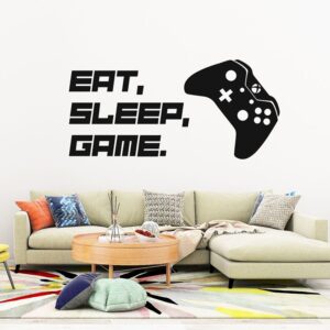 Eat Sleep Game Gamepad Wall Decal Joystick Video Game Wall Sticker Removable Art Design Stickers Separate Controller Wall Decals for Home Playroom Bedroom Kids Room Decoration