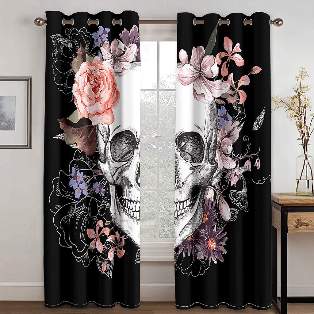 Black Halloween 3D Skull with Flowers Printed Blackout Decoration Window Shading Curtains Custom 2 Panels Drapes - Image 4