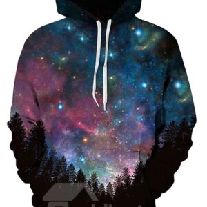 Forest Dark Night Long Sleeve Galaxy Pattern Front Pocket 3D Painted Hoodie