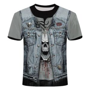 Gray 3D Print Skull Men's T-shirt Denim Creative Casual Couple Outfit Unisex Short Sleeve Round Neck Loose T-shirts
