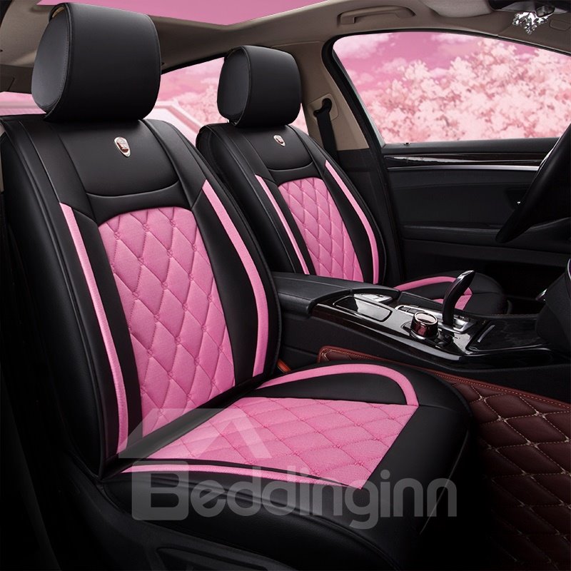 Car Seat Covers 5-Seater Romantic Retro Style PU Leather Color Block Design Stretchy Wear-Resisting Breathable Cute Universal Car Seat Covers Fit to Auto Truck Van SUV - Image 6