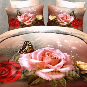 US Only 3D Roses and Butterfly Printed Polyester 4-Piece Bedding Sets/Duvet Covers